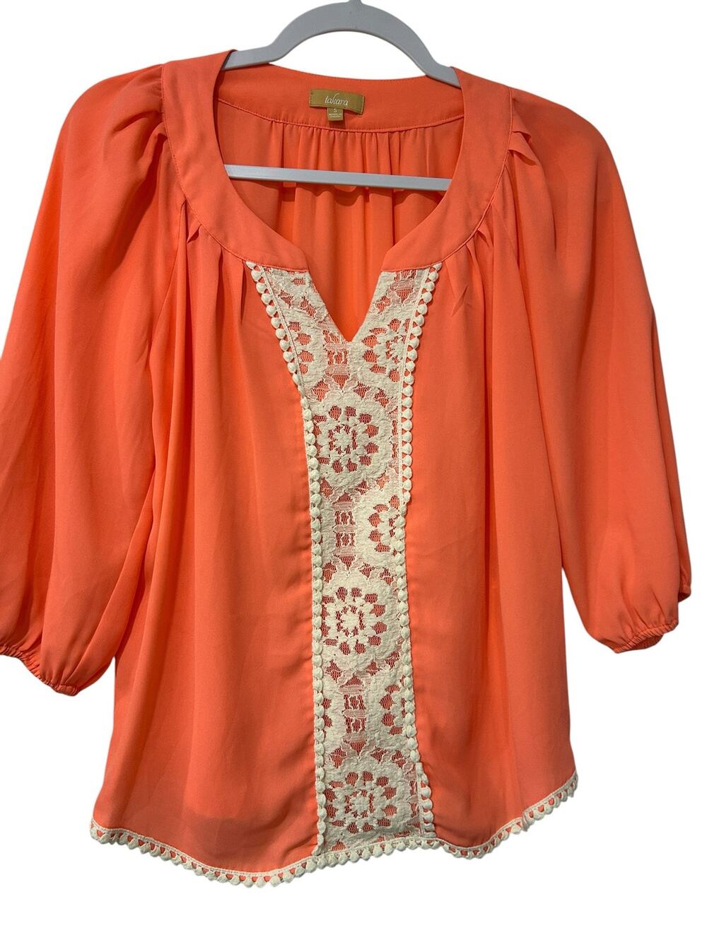 Takara Coral Orange Boho Blouse Cream Lace Pom Trim Balloon Sleeve Small